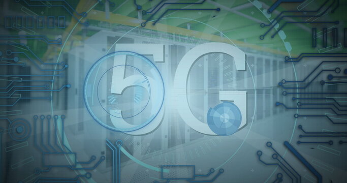 Showing 5G overlay floating above server racks in data center with circuit traces, radar overlays