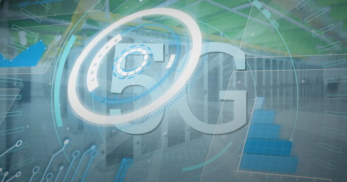 Displaying holographic 5G emblem and rotating interface above server racks, with bar chart overlay
