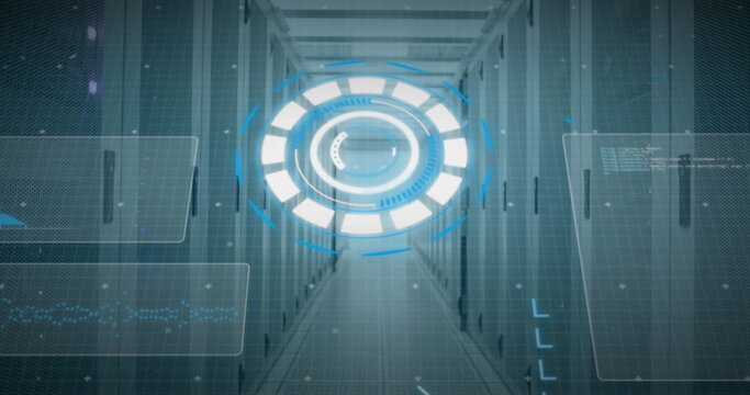 Projecting holographic interface floating at data center corridor, with server racks and HUD panels