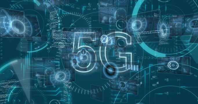 Floating central glowing 5G label hovering in network interface, with GUI panels and data charts