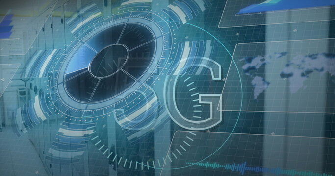 Displaying holographic UI showing radial progress inside data center with server racks, world map