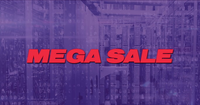 Shining bold red MEGA SALE text dominating data center, showing binary code, racks and cables - Powered by Adobe