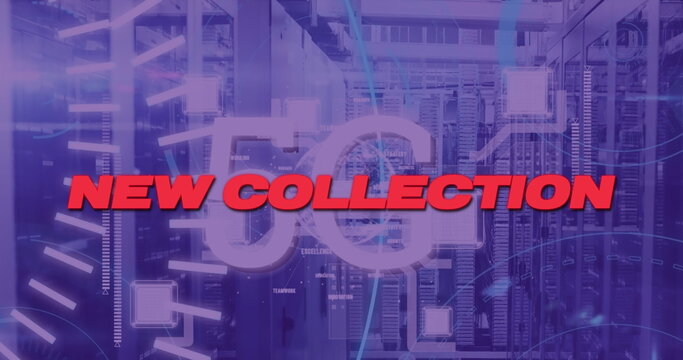 Displaying bold red NEW COLLECTION signage glowing in data center corridor, with server racks