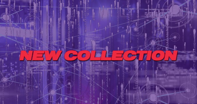 Featuring bold red NEW COLLECTION text floating over purple digital interface, with binary code