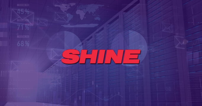 Bold red SHINE shining in data center corridor, with server racks, envelope icons and data overlays