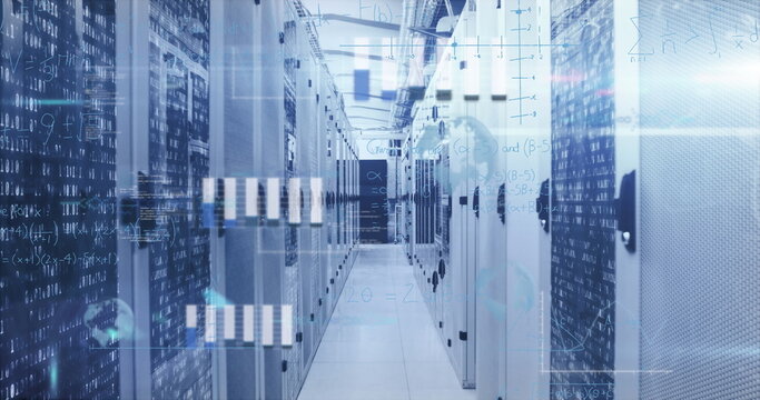 Displaying server cabinets in corridor flashing LEDs and overlaying code graphics in data center - Powered by Adobe