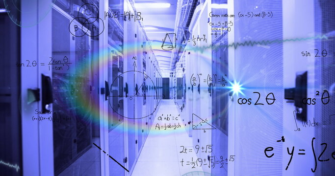 Glowing data center corridor revealing server racks with LED lights and floating math formulas