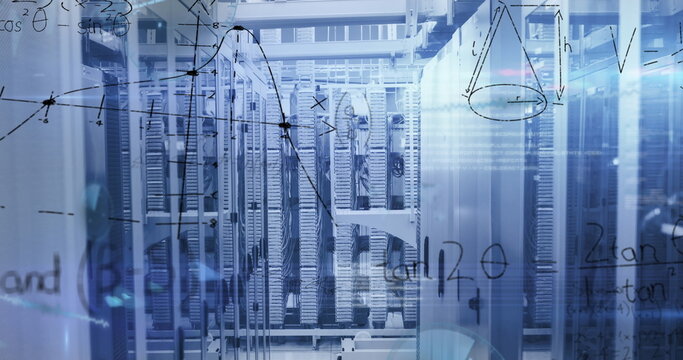 Displaying central cluster of server racks humming in data center interior, with math overlay - Powered by Adobe