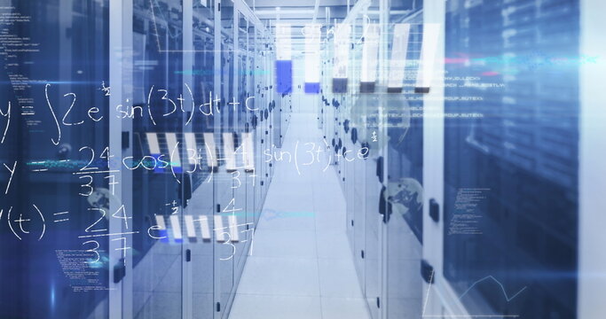 Presenting server aisle in server room showing code overlays and LED lights, with network cables