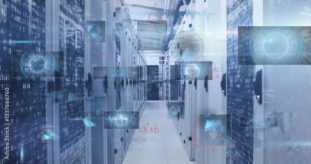 Poster server rack corridor extending in data center, with blinking leds, network cables and code overlay