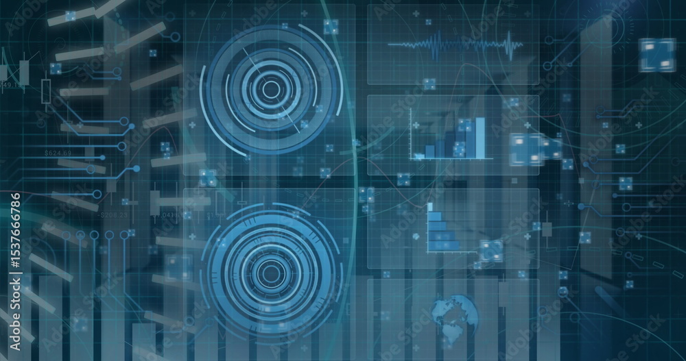 Poster displaying concentric hud targets hovering over grid overlay, with floating data nodes