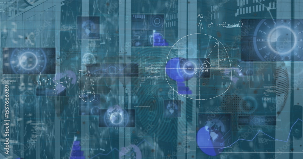 Poster displaying holographic interface showing code flow, network nodes over server racks at data center