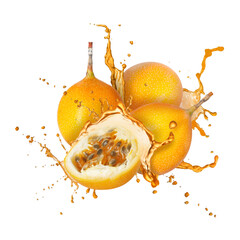 Tasty passion fruits with juice in air on white background