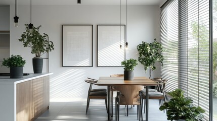 Bright dining area with plants and sunlight streaming through window blinds