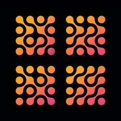 Abstract Connect pattern with color gradient. Set of bright vector geometric patterns with connected dots on black background. 