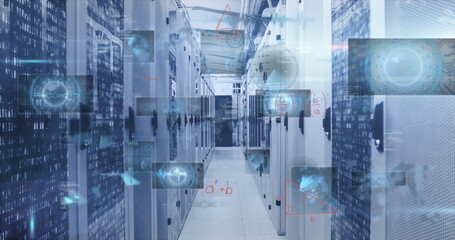 Server rack corridor extending in data center, with blinking LEDs, network cables and code overlay