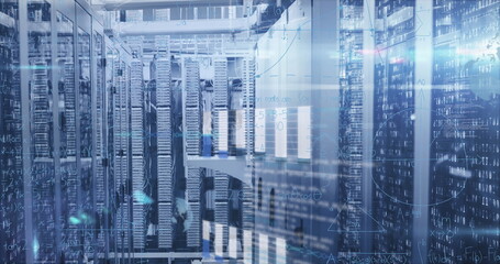 Pulsing server rack rows displaying digital analytics overlays in data center, with status LEDs