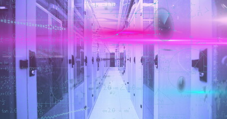 Displaying central data center aisle featuring server racks and neon beams, with floating formulas