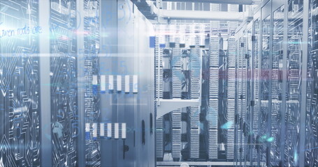 Displaying central aisle of server racks showing blinking LEDs in cooled data center, cable trays