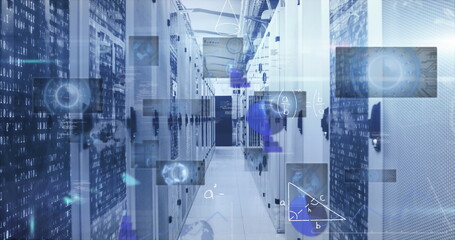 Showing server room hallway with server racks, cable trays and ducts, and floating digital overlays