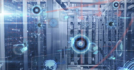Displaying data center server racks with glowing LED indicators, patch cables, holographic overlays