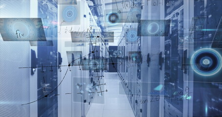 Flashing LED indicators lining central server aisle in data center, displaying holographic graphs