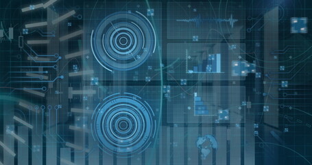 Displaying concentric HUD targets hovering over grid overlay, with floating data nodes