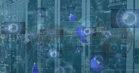 Displaying holographic interface showing code flow, network nodes over server racks at data center