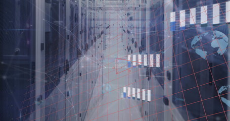 Obraz premium Walking IT technicians inspecting server racks in high-tech corridor, with digital network overlays