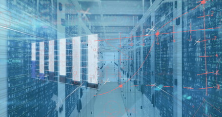 Extending server aisle receding through data center corridor, with blinking LEDs and data streams