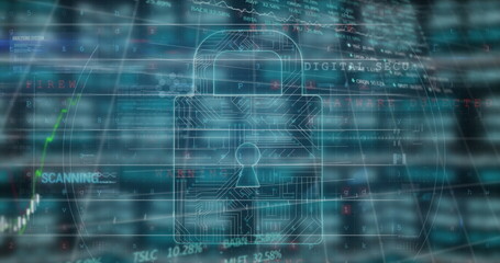 Displaying wireframe padlock icon overlaying dashboard, with code, line graph and status labels