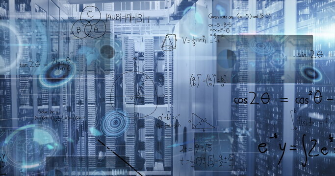 Technicians moving between server racks in data center, with holographic formula overlays