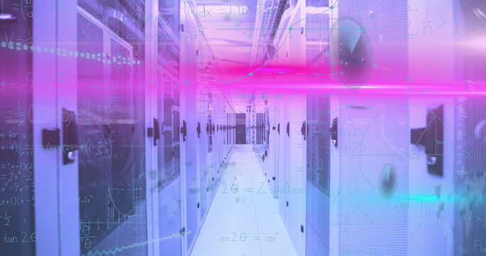 Displaying central data center aisle featuring server racks and neon beams, with floating formulas - Powered by Adobe