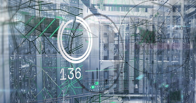 Displaying server rack with holographic network overlays in data center, with gauge and cable trays