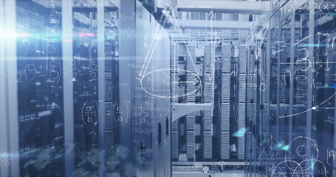Displaying cluster of server racks processing data in data center aisle, with blinking LEDs