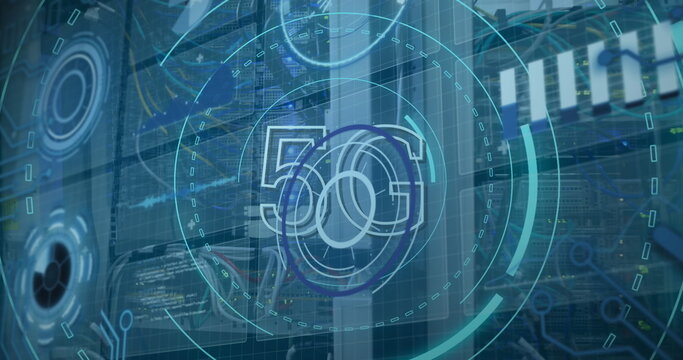Displaying holographic 5G interface overlaying server racks with LED lights, cables in data center