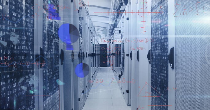 Streaming binary code overlays and math equations across data center corridor, with server racks