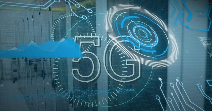 Displaying holographic 5G in data center with grid overlay, radar rings and circuit board traces
