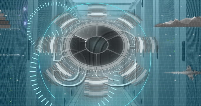 Displaying circular HUD showing rings bars cyan targeting reticle server racks in data center