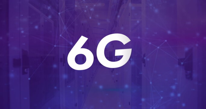 Centered white 6G text floating in purple server corridor, with server racks, digital network nodes