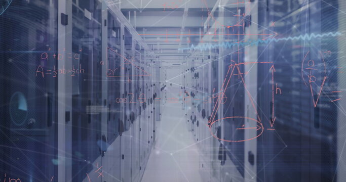 Showing central data center aisle highlighting LED indicator lights on server racks, data overlay