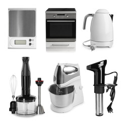 Stand mixer and other household appliances isolated on white, set
