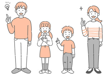 両親・子どもの2世代家族がハンドサインをしているイラストセット	
