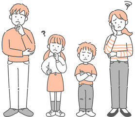 Naklejka premium 父と母・子どもの2世代家族が困った表情をしているイラストセット 