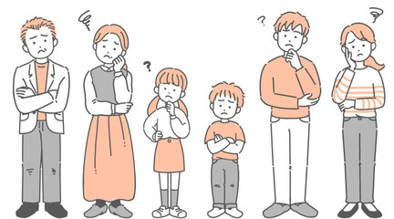 祖父母・両親・子どもの3世代家族が困った表情しているイラストセット	
