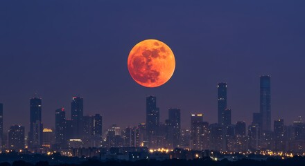 Fototapeta premium Urban skyline with total lunar eclipse above city lights 