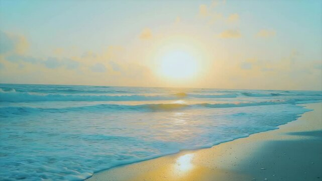 Serene ocean sunset, waves gently lapping shore