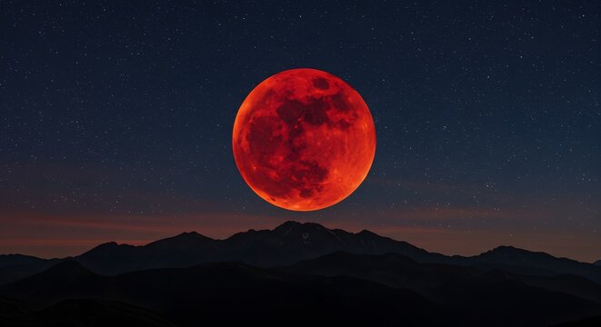Silhouetted mountain range under total lunar eclipse sky
