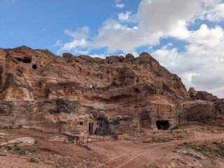 Jordan Trail long distance hiking from Dana Valley to Petra and Wadi Rum.Wadi Rum Desert, Jordan. The red desert and Jabal Al Qattar mountains,Arabia