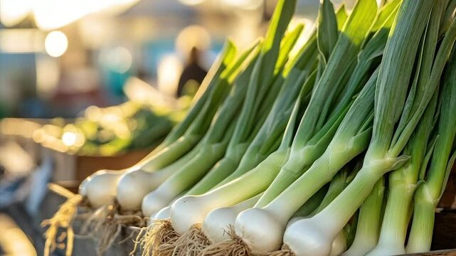 Fresh, vibrant green onions at a farmer's market, sunlight gleaming on their stalks